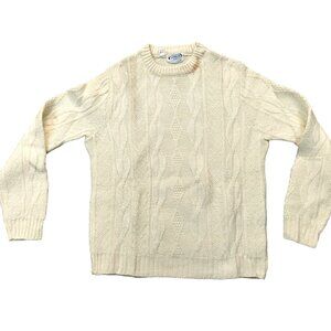 Vintage 1940s-1950s Cream Cable Knit Long Sleeve Crewneck Sweater Medium